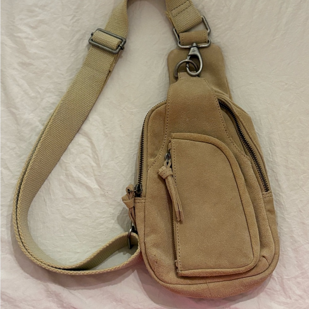 Free People Tan Crossbody Bag with Adjustable Strap and Silver Hardware